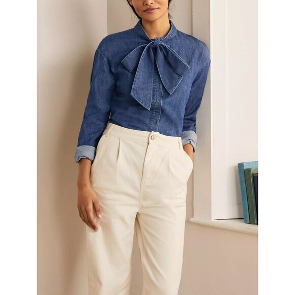 BODEN Fiona Indigo Cotton Denim Tie Neck Button Down Shirt Top, Size 12 - Picture 3 of 15